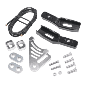 Motorcycle chain adjuster kit with tools and hardware for racewear and maintenance.