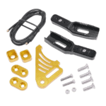 Motorcycle chain adjuster kit with black and yellow components, screws, and a cable for racing bike maintenance.