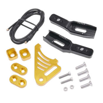 Motorcycle chain adjuster kit with black and yellow components, screws, and a cable for racing bike maintenance.
