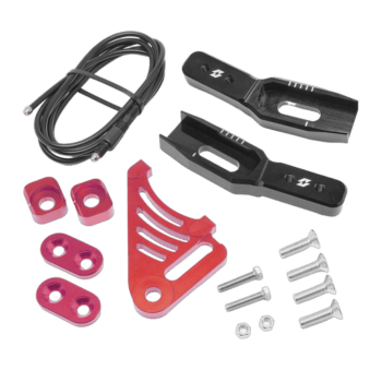 Race car safety harness installation kit with black and red components and screws for Grand Prix Racewear.