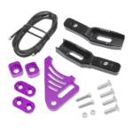 Motorcycle chain adjuster kit with purple and black components, screws, and cable for racing bike maintenance.