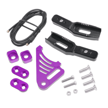 Motorcycle chain adjuster kit with purple and black components, screws, and cable for racing bike maintenance.