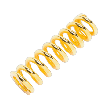 Close-up of a shiny gold coil spring used in race car suspension systems at Grand Prix Racewear.