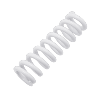 White coil spring used in race car suspension systems for high-performance racing vehicles.