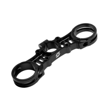 Black motorcycle handlebar riser clamp for Grand Prix Racewear, designed for racing bikes, made of durable metal with a sleek finish.