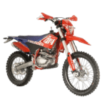 Red and blue RFN Thunder 300 Pro Enduro Bike with off-road tyres and suspension, suitable for motocross and enduro racing.