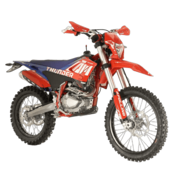 Red and blue RFN Thunder 300 Pro Enduro Bike with off-road tyres and suspension, suitable for motocross and enduro racing.
