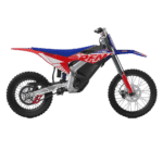 Red, blue, and white motocross bike with 'XREY' branding, designed for off-road racing, featuring a lightweight frame and rugged tires.