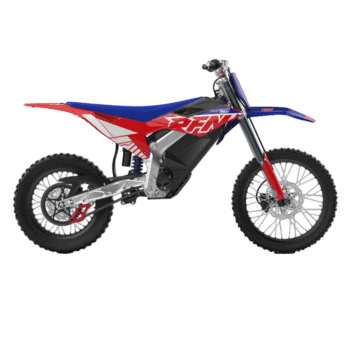 Red, blue, and white motocross bike with 'XREY' branding, designed for off-road racing, featuring a lightweight frame and rugged tires.