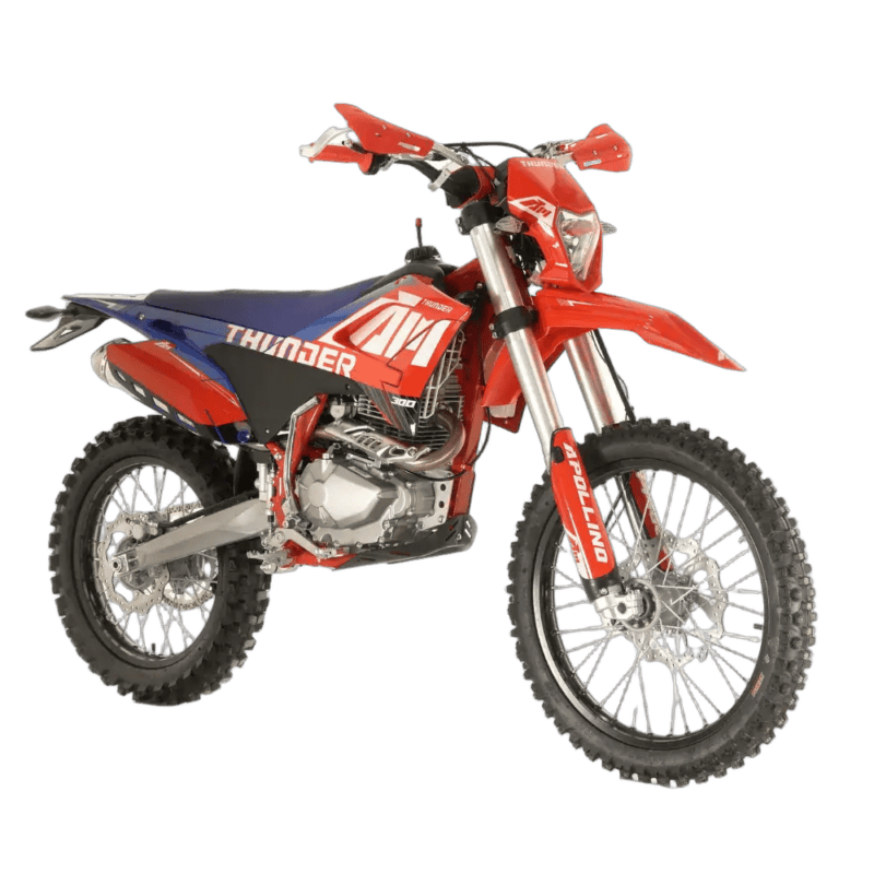 Red and blue RFN Thunder 300 Pro Enduro Bike with off-road tyres and suspension, suitable for motocross and enduro racing.