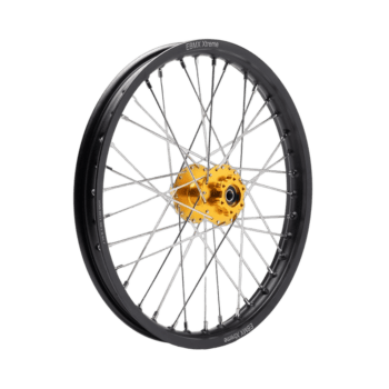 High-performance motocross wheel with black rim and yellow hub, designed for durability and speed in off-road racing.