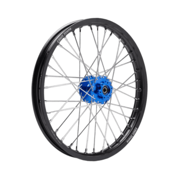 High-performance motorcycle wheel with black rim and blue hub, suitable for racing and off-road use.