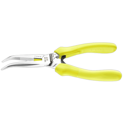 183.20cpef-r Facom long-reach half-round nose pliers with offcut retainer, yellow handles, against a black background.