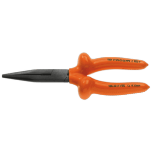 Facom VSE series insulated long semi-round nose pliers with orange handles and 1000V safety rating for electrical work.
