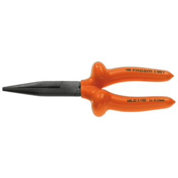 Facom VSE series insulated long semi-round nose pliers with orange handles and 1000V safety rating for electrical work.