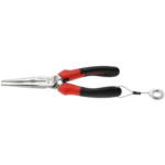 Facom long half-round nose pliers with red and black handles, suitable for precision gripping and bending tasks.