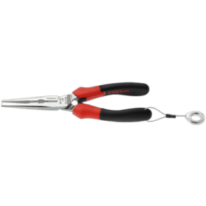 Facom long half-round nose pliers with red and black handles, suitable for precision gripping and bending tasks.