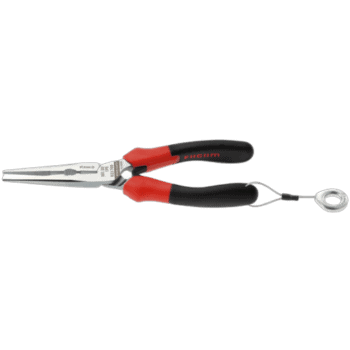 Facom long half-round nose pliers with red and black handles, suitable for precision gripping and bending tasks.