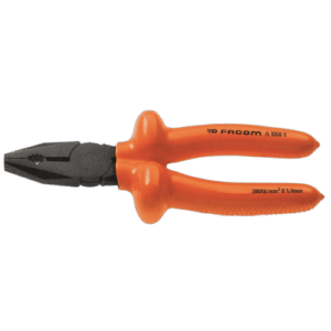 Facom VSE series insulated combination pliers with 1000V protection, orange handles, and black jaws for electrical work.