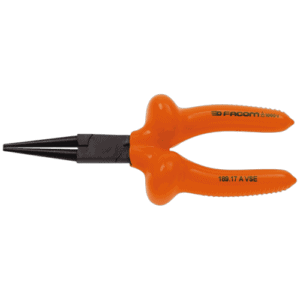 Facom VSE series insulated round nose pliers with orange handles and black tips for electrical work.