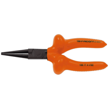 Facom VSE series insulated round nose pliers with orange handles and black tips for electrical work.