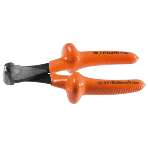 Facom VSE series insulated end nippers for hard wire, 1000 Volt rated, with orange handles and black cutting head, designed for electrical work.