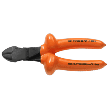 Facom VSE series insulated diagonal cutting pliers for hard wire, 1000 Volt rated, with orange handles and black cutting edges.