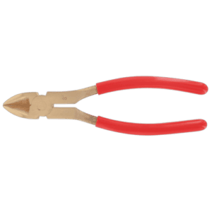 Non sparking cutting pliers with red handles, ideal for electrical and hazardous environments.