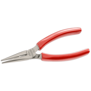 Facom short half-round nose pliers with red handles on a black background.