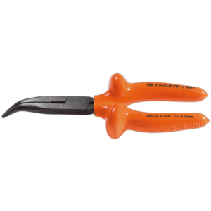 Facom VSE series insulated long semi-round nose pliers with orange handle and black tips for electrical work.