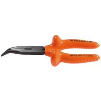 Facom VSE series insulated long semi-round nose pliers with orange handle and black tips for electrical work.