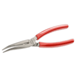 Long half-round nose pliers 195A.20G with red handles, ideal for precision gripping and bending tasks.