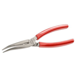 Long half-round nose pliers 195A.20G with red handles, ideal for precision gripping and bending tasks.