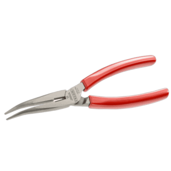 Long half-round nose pliers 195A.20G with red handles, ideal for precision gripping and bending tasks.