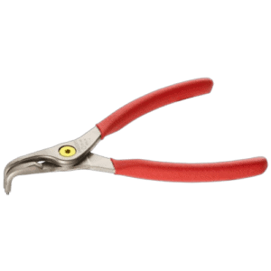 Facom 197A angled nose outside Circlips pliers with red handles on black background.