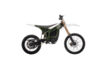 Electric dirt bike with green and black frame, off-road tires, and suspension for motocross racing, ideal for Grand Prix Racewear enthusiasts.