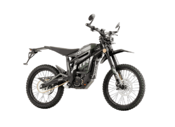 Electric off-road motorcycle with rugged tyres and advanced suspension, ideal for motocross and trail riding, showcased by Grand Prix Racewear.