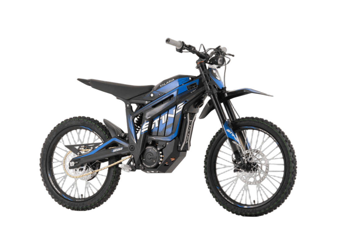 Electric dirt bike with black and blue design, suitable for off-road riding and motocross.