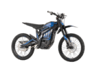 Electric dirt bike with black and blue design, suitable for off-road riding and motocross.