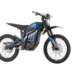 Electric dirt bike with black and blue design, suitable for off-road riding and motocross.
