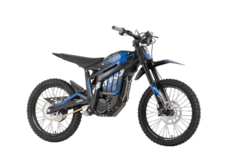 Electric dirt bike with black and blue design, suitable for off-road riding and motocross.