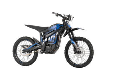 Electric dirt bike with black and blue design, suitable for off-road riding and motocross.