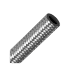 Close-up of a braided nitrile hose with a metal exterior, used in high-performance racing applications.