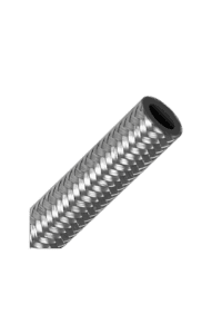 Close-up of a braided nitrile hose with a metal exterior, used in high-performance racing applications.