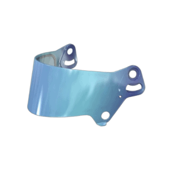 Grand Prix Racewear racing helmet visor in blue with reflective surface and mounting hardware on a black background.