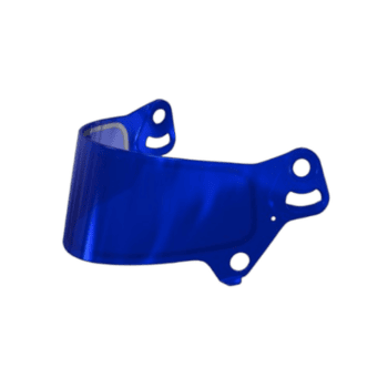 Blue racing helmet visor for Grand Prix racewear, designed for high-speed motorsport safety and visibility.