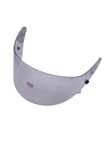 Clear racing helmet visor for Grand Prix racewear, designed for safety and visibility in motorsport.