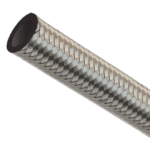 Close-up of a stainless steel braided hose used in automotive racing for durability and high performance.