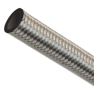 Close-up of a stainless steel braided hose used in automotive racing for durability and high performance.