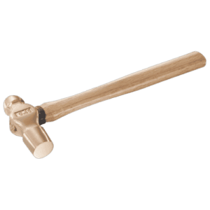 Non sparking ball pein hammer with wooden handle for safe industrial use.